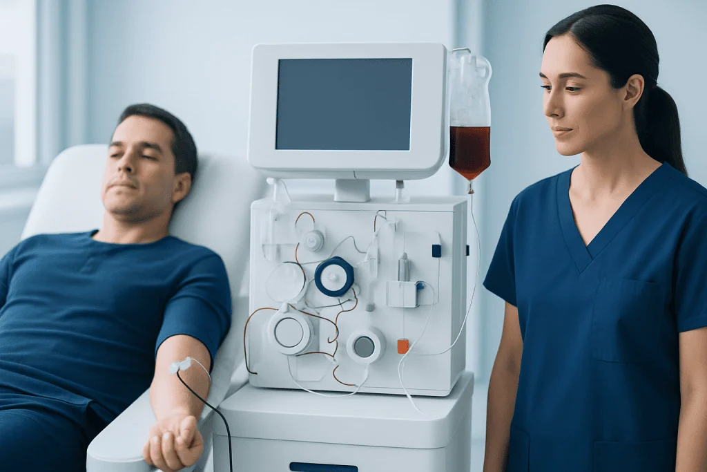 Patient donating plasma in a medical facility with healthcare professional nearby.