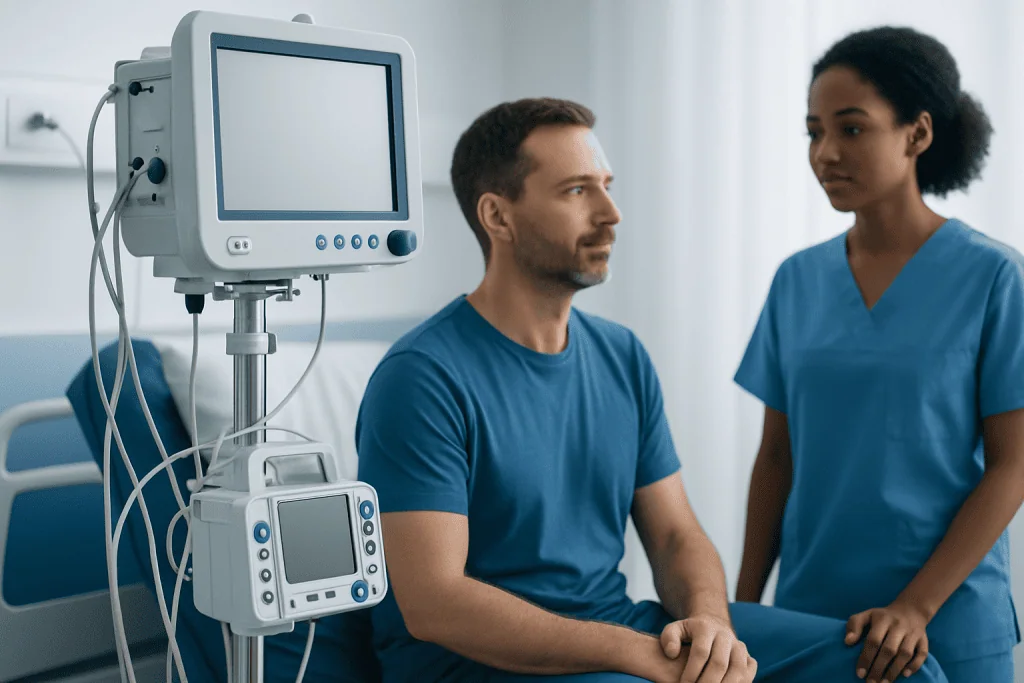 Patient in hospital bed with medical monitor and nurse in background.