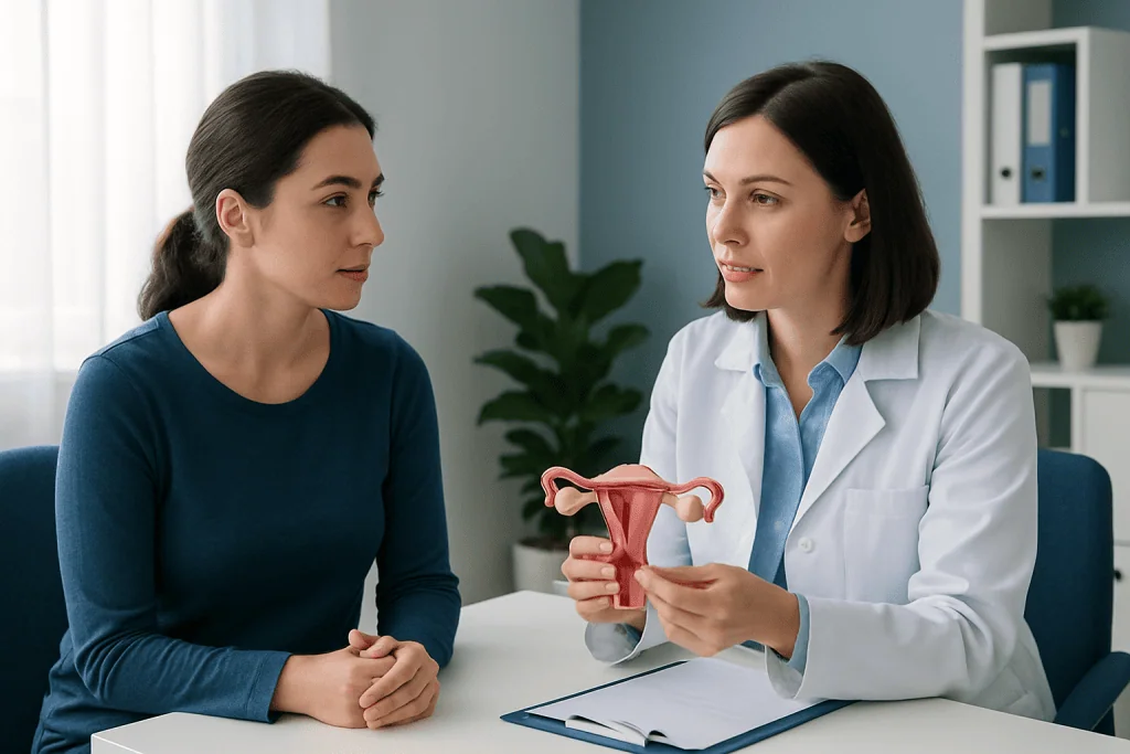 Doctor explaining uterine anatomy to a patient in a consultation room.
