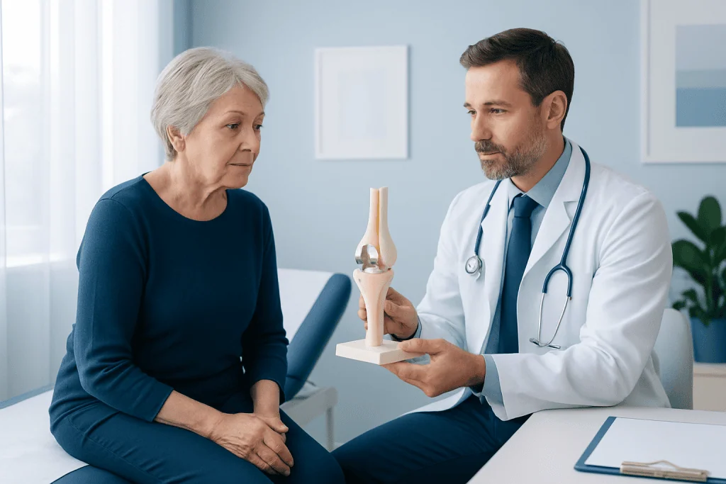 Orthopedic doctor explaining knee joint model to elderly woman in clinic.