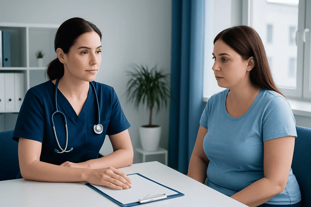 Doctor consulting with patient in a medical office setting.
