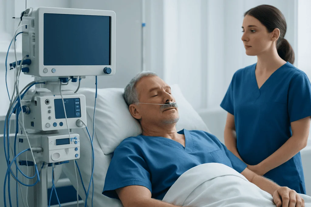 Patient in hospital bed with medical monitor and nurse by his side.