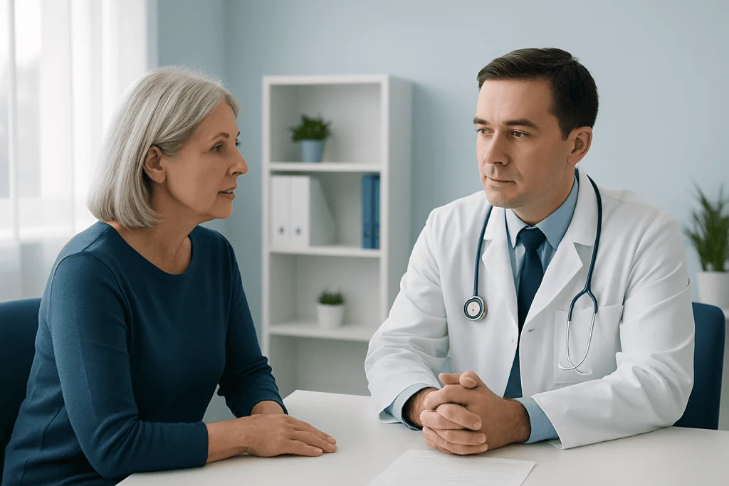 Doctor consulting with an elderly female patient in a medical office.