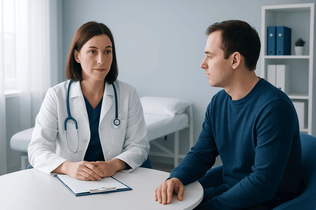 Doctor consulting patient in a medical office setting.