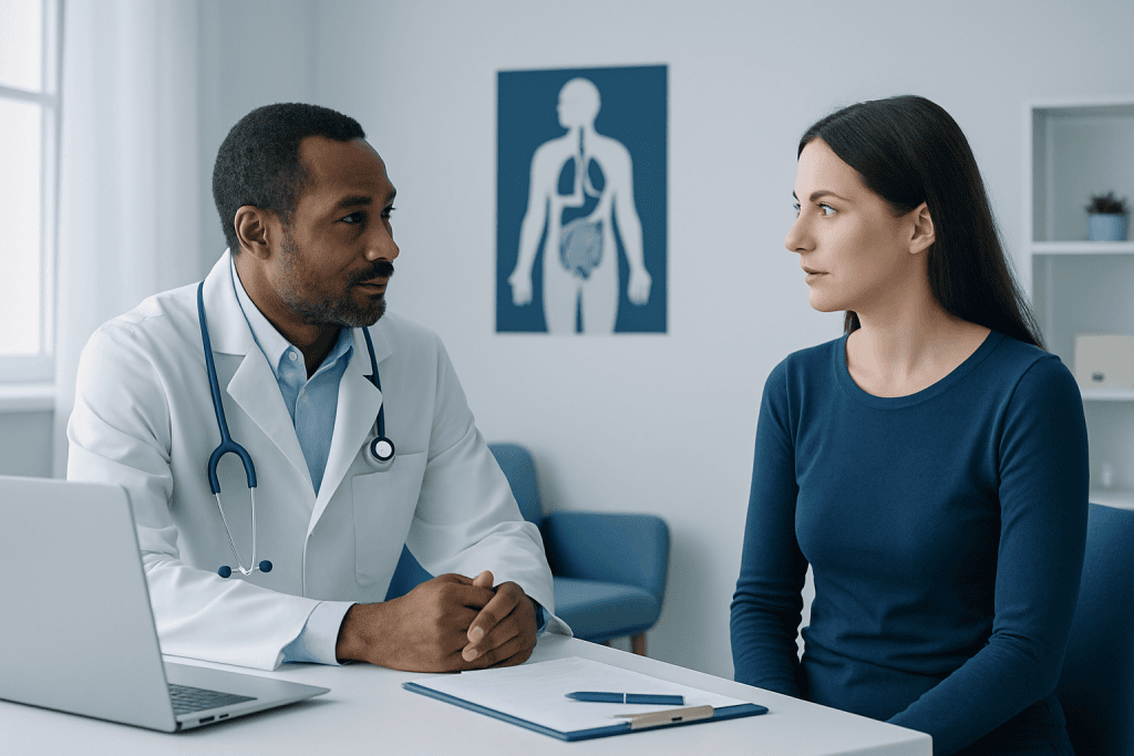 Doctor consulting with a female patient in a medical office setting.