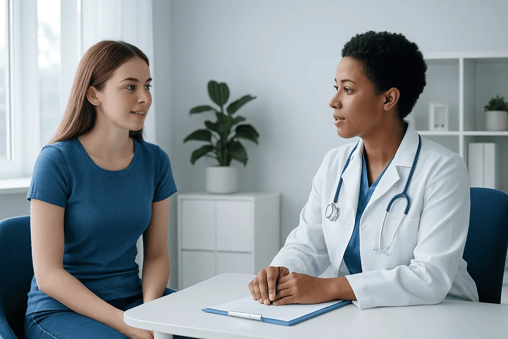 Doctor consulting with a young female patient in a modern clinic.