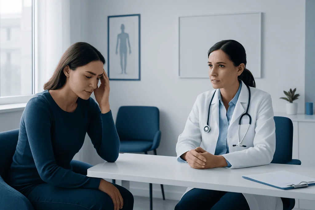 Doctor consulting a patient about migraine symptoms in a clinic setting.