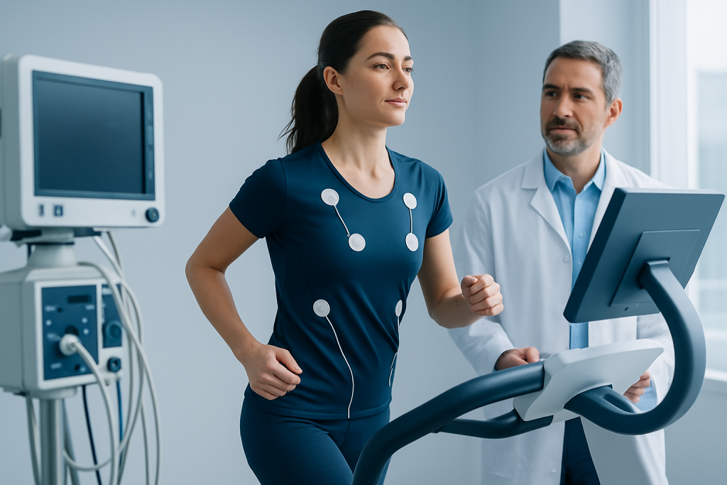 Medical professional and patient on treadmill in hospital setting.