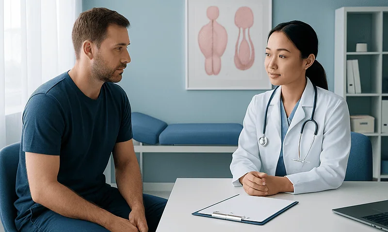 Average Testicle Size: A Complete Medical Overview 8 Doctor consulting male patient in a medical office with anatomical posters.