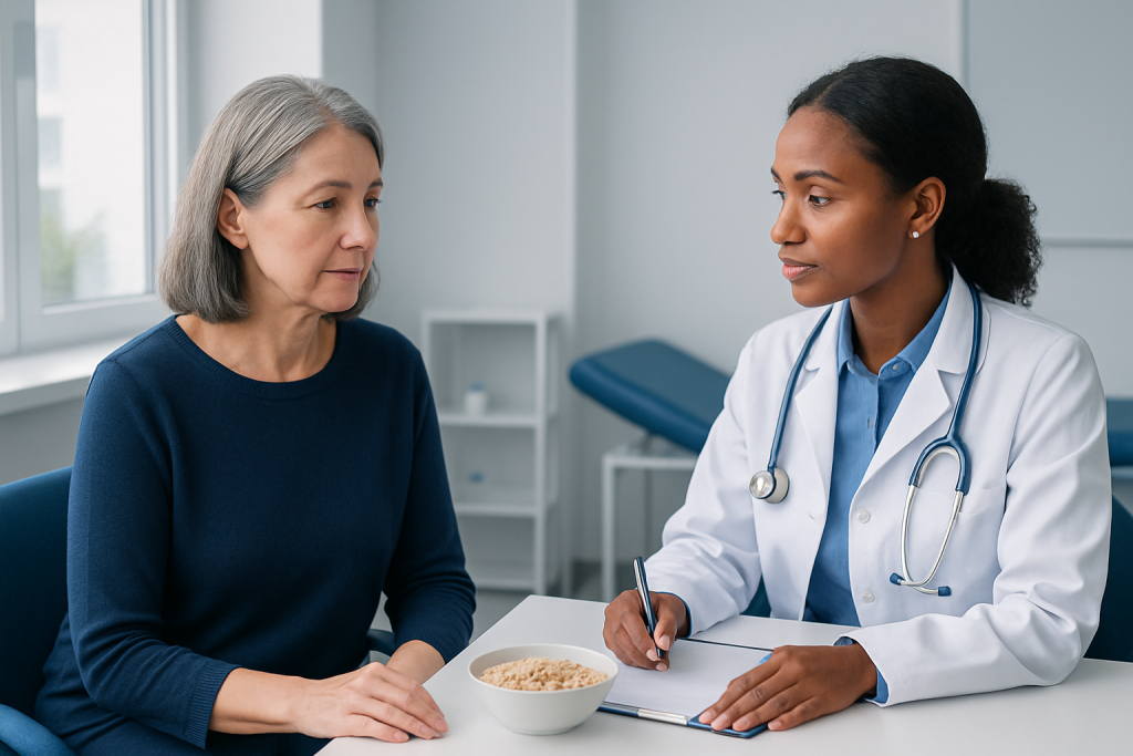 Doctor consulting with an elderly woman in a medical office.