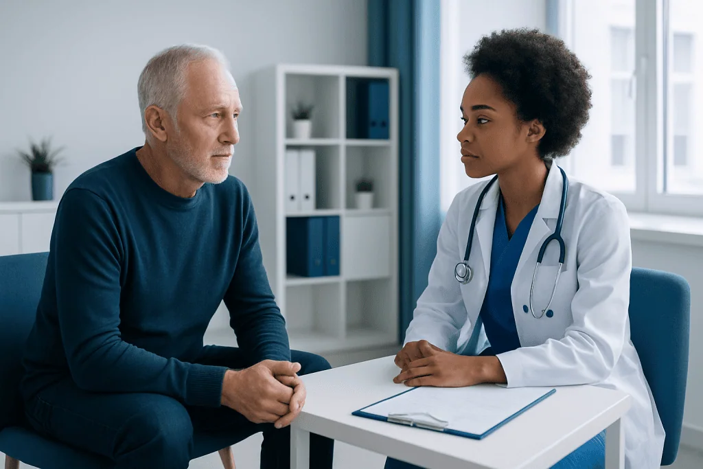 Doctor consulting with an elderly male patient in a modern clinic setting.