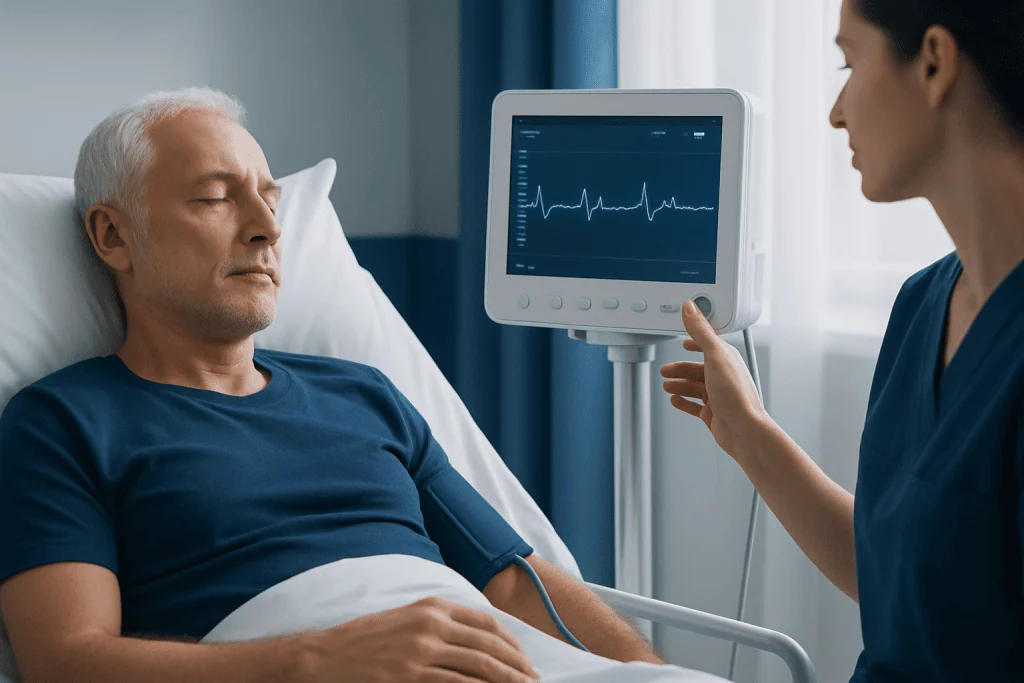Patient's pulse monitored on medical device in hospital setting.