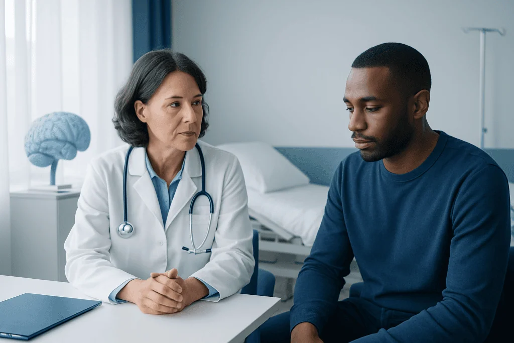 Doctor consulting with a patient in a hospital room with brain model in background.
