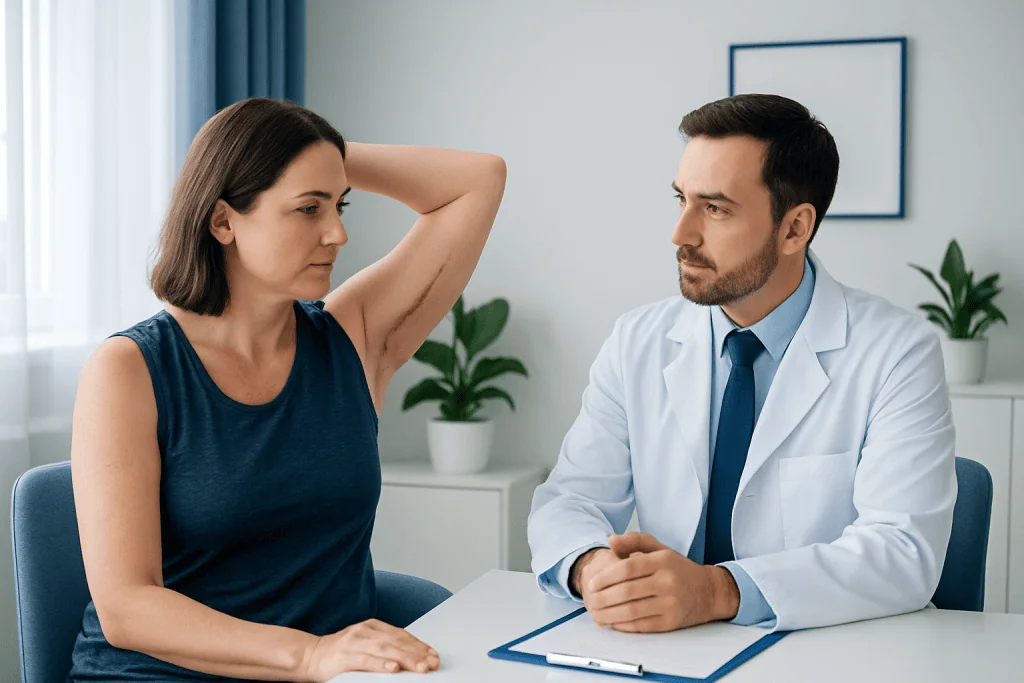 Patient consulting with doctor about brachioplasty scar healing process.