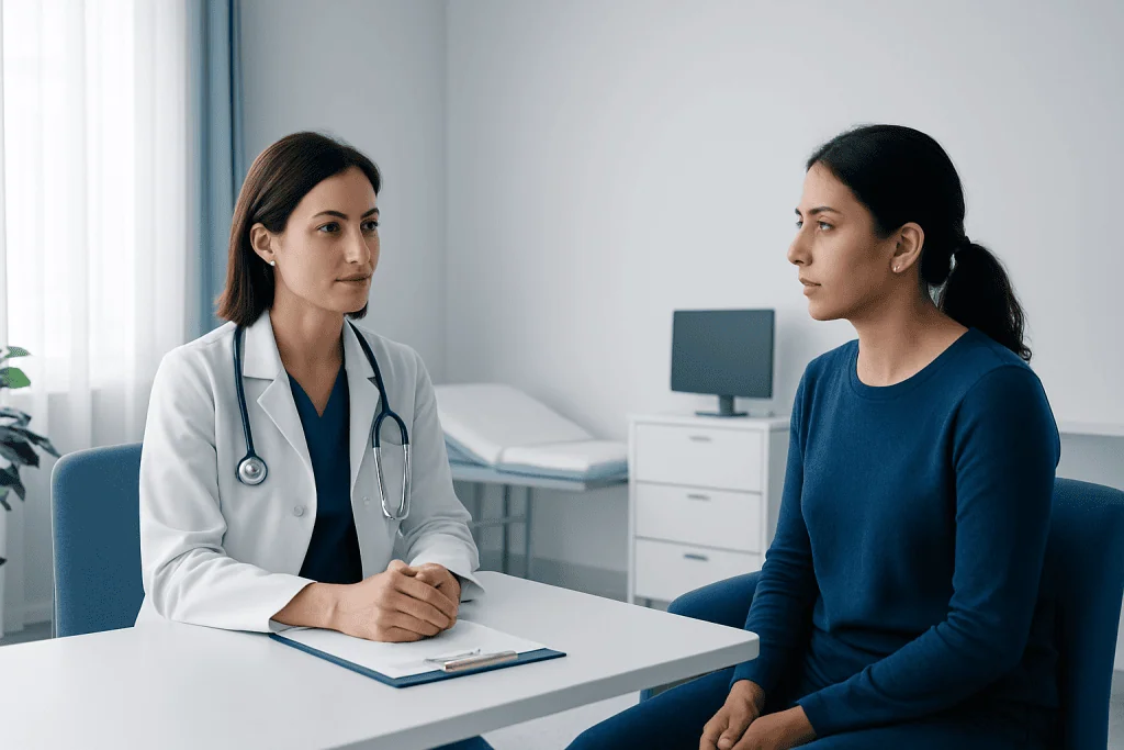 Doctor consulting with a patient in a modern medical office.