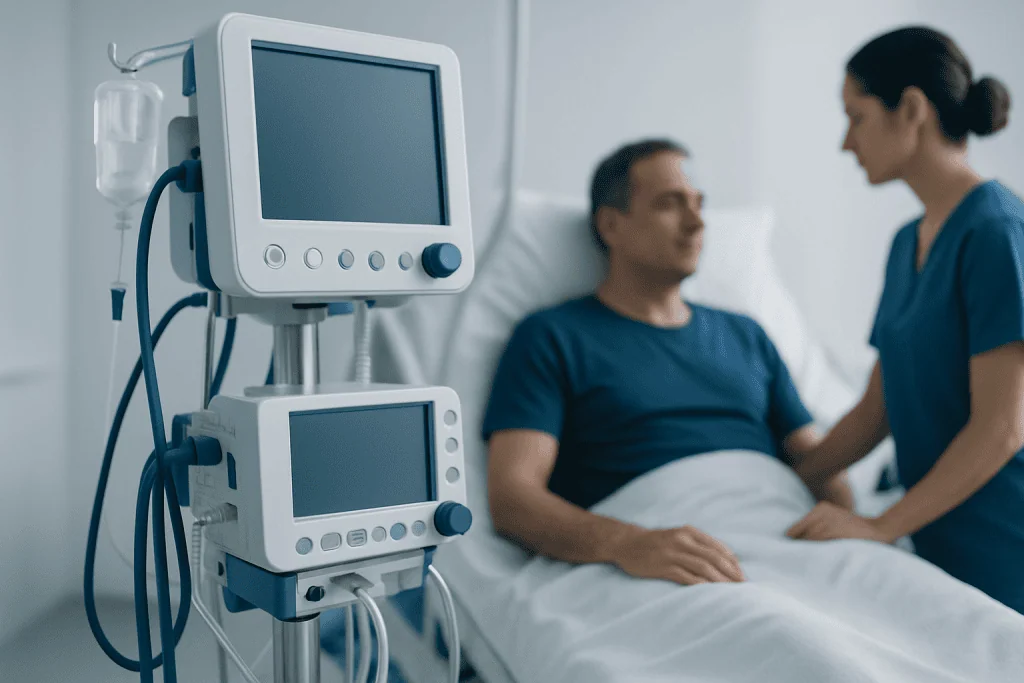 Hospital room with medical monitors and a patient talking to a nurse.