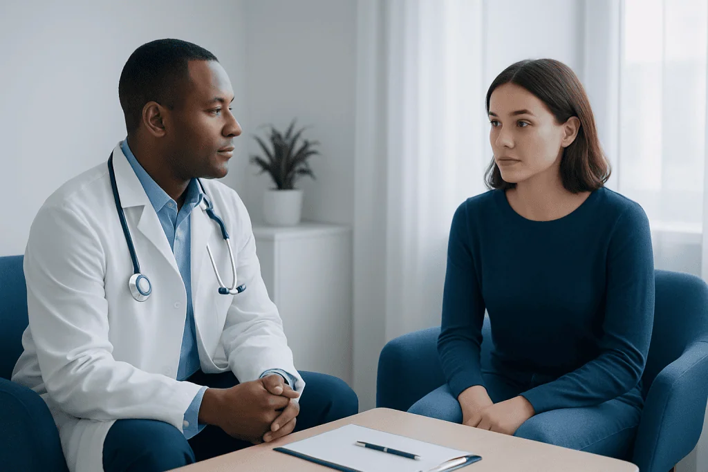 Doctor and patient having a consultation in a medical office.