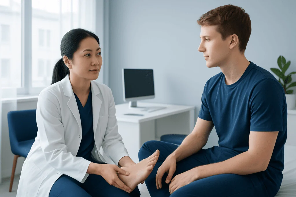 Doctor examining patient's foot in a medical consultation room.