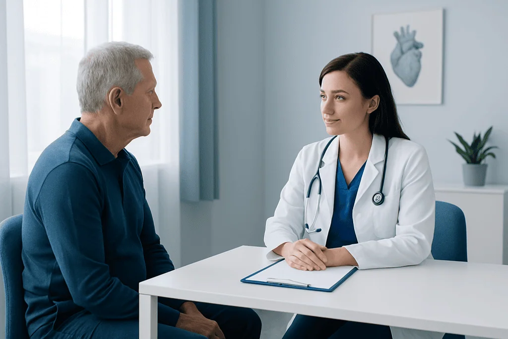 Doctor consulting with an elderly male patient in a medical office.