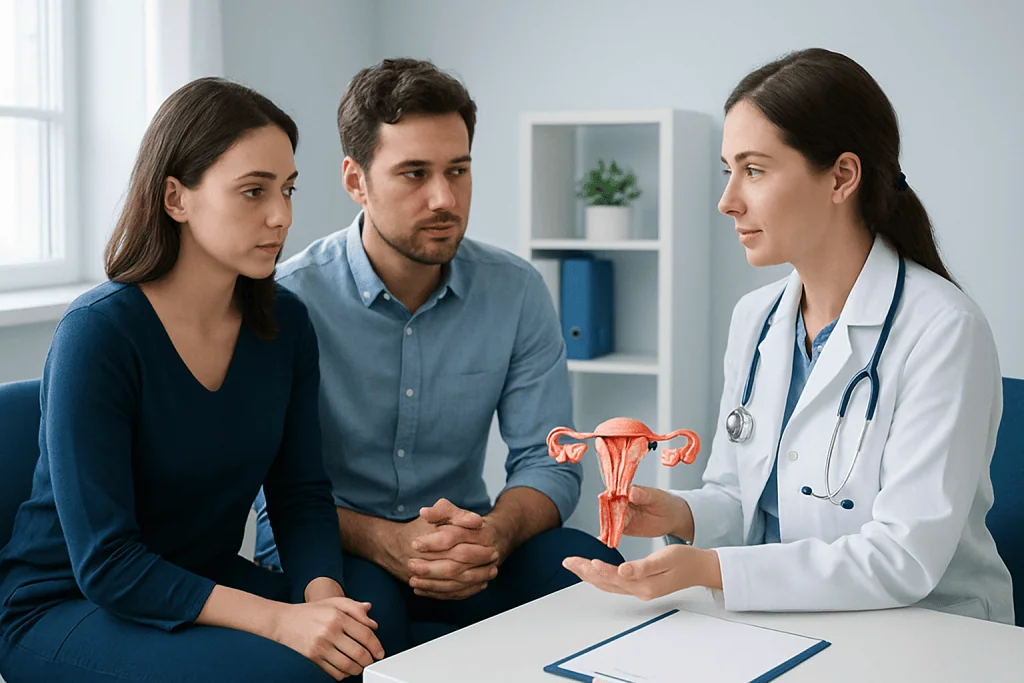 Fertility consultation with a doctor explaining reproductive health to a couple.