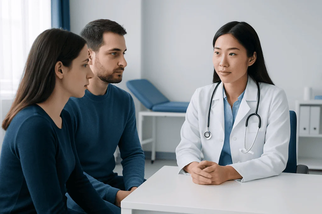Doctor consulting with a couple in a medical office setting.