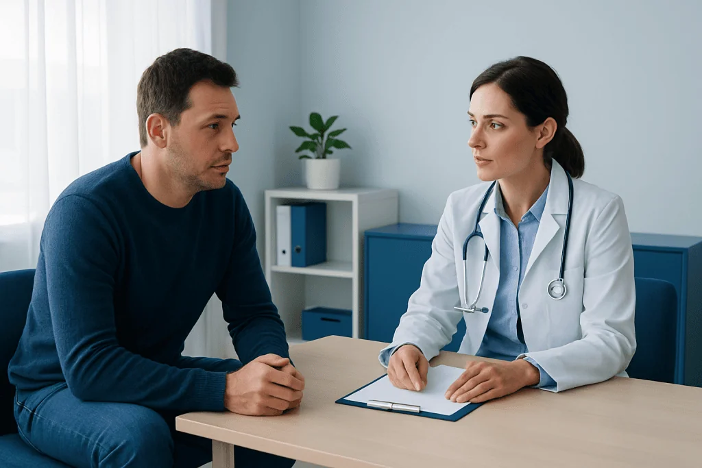 Doctor consulting with male patient in a medical office.