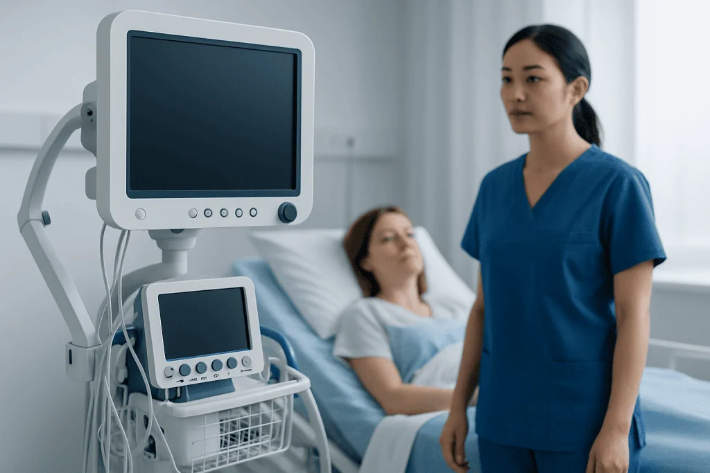 Healthcare professional with patient in hospital room with medical monitors.