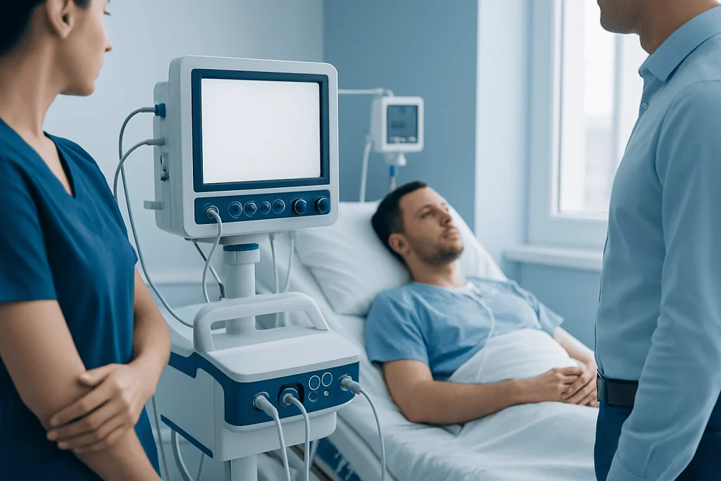 Hospital patient in bed with medical staff and monitoring equipment.