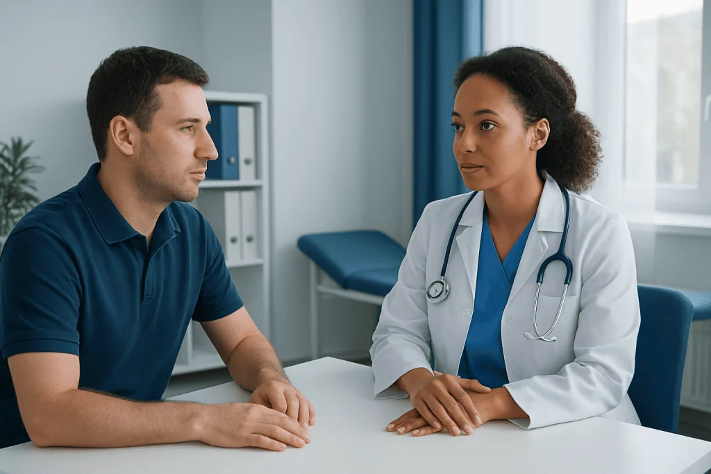 Doctor consulting with male patient in a medical office.