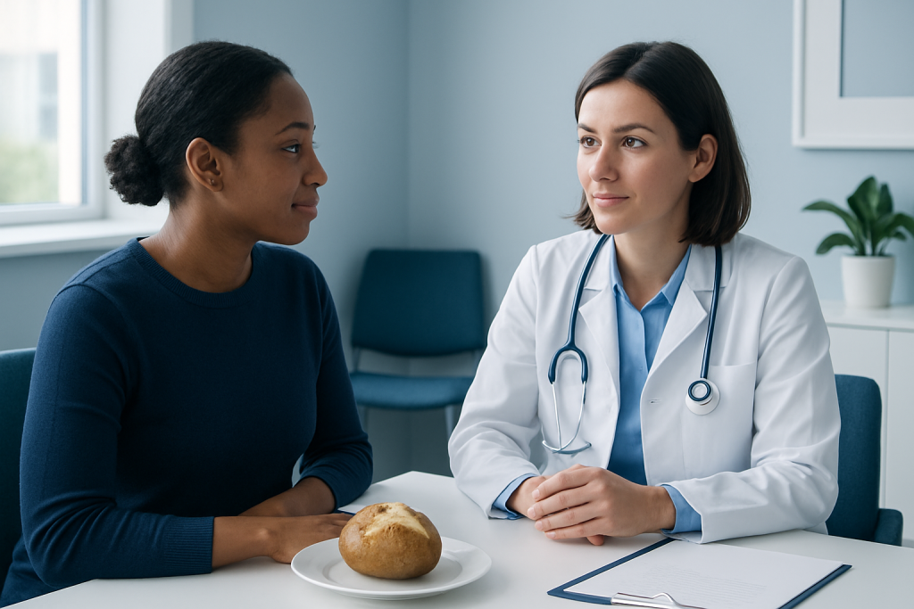 Doctor consulting with patient about health in a medical office.
