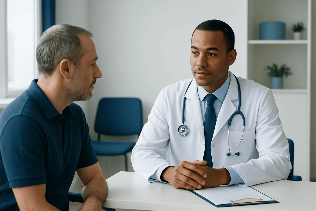 Doctor consulting with male patient in a medical office.