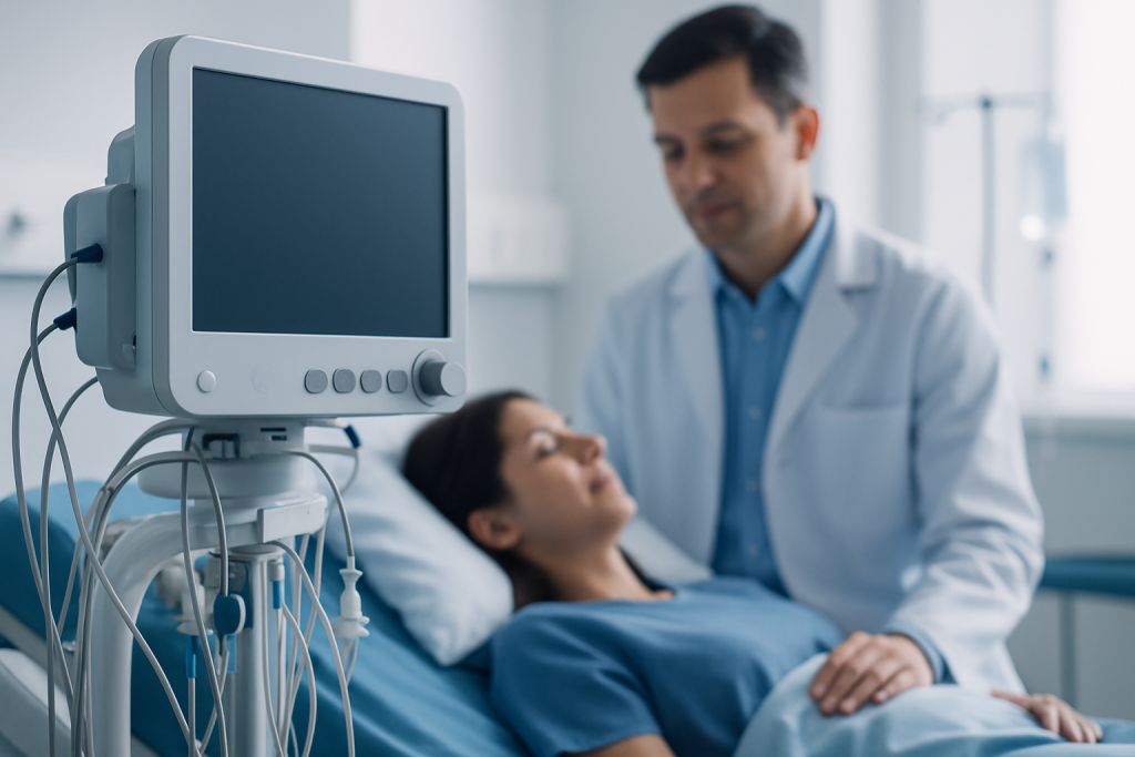 Doctor monitoring patient in hospital room with medical equipment.