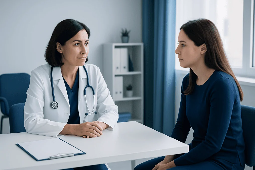 Doctor consulting with a young female patient in a medical office.