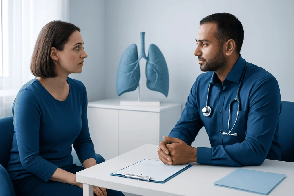 Doctor consulting with patient about lung health in a medical office.
