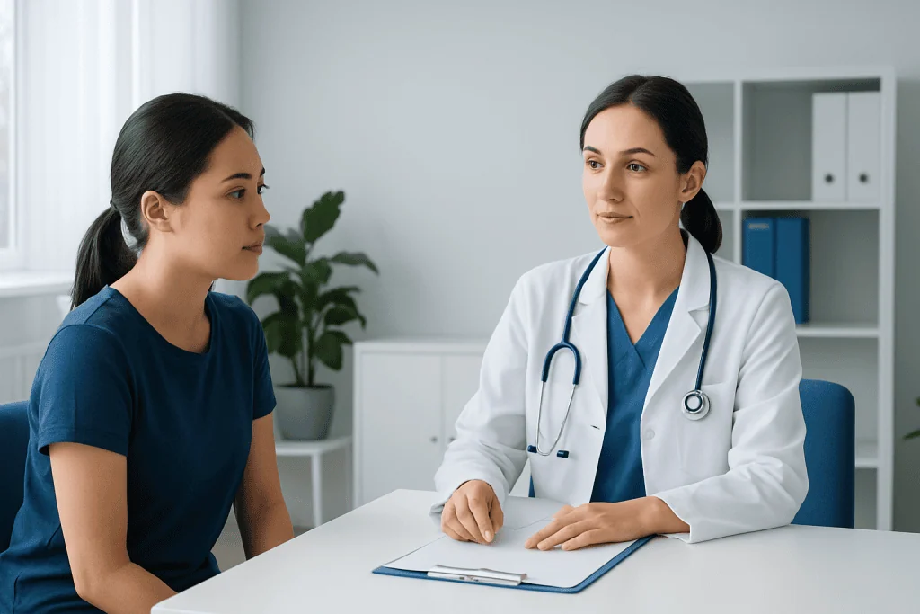 Doctor consulting with a patient in a modern medical office setting.