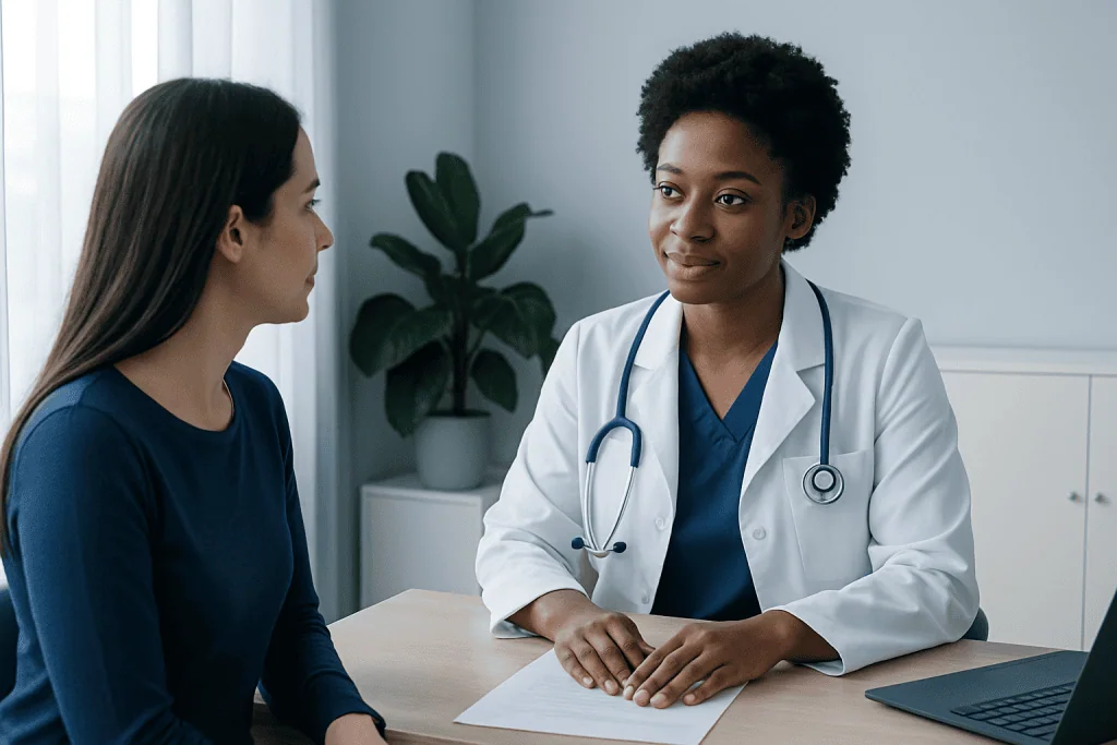 Doctor consulting with a patient in a modern medical office setting.