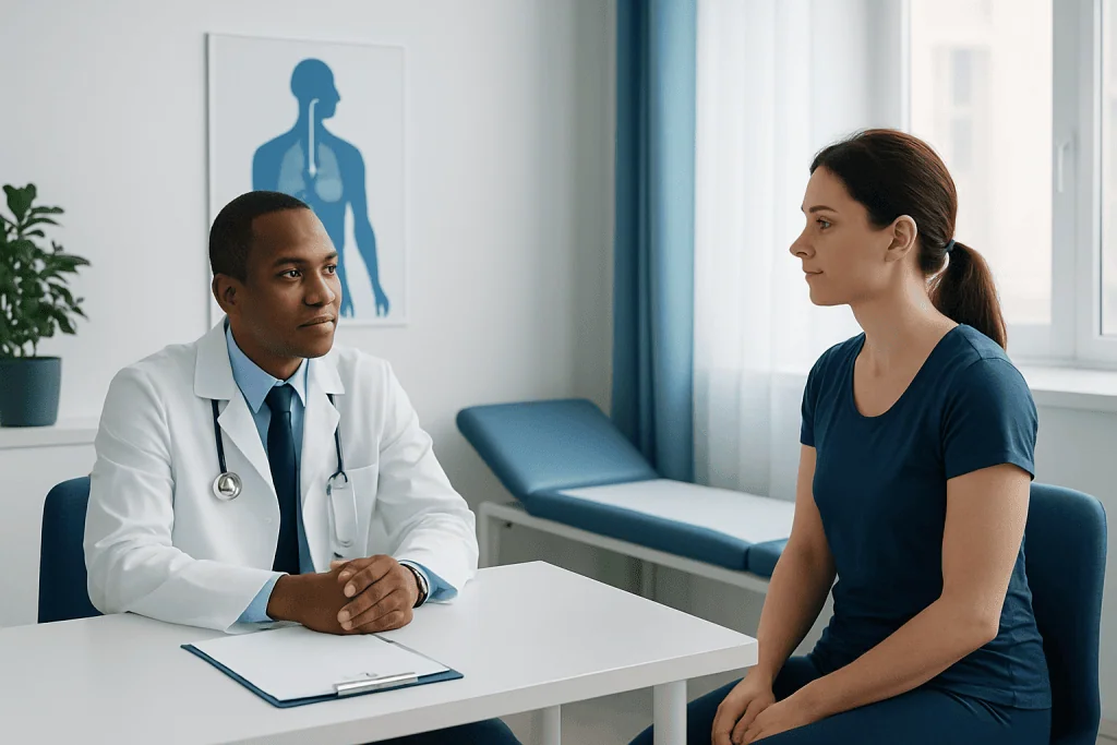Doctor consulting with a female patient in a medical office.