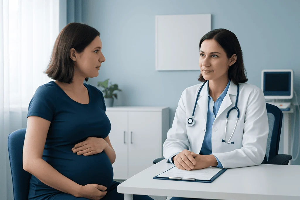 Pregnant woman consulting with a doctor in a medical office.