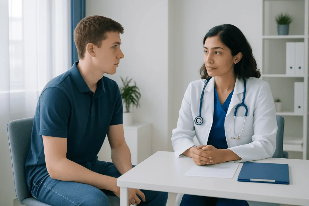 Doctor consulting with a young male patient in a medical office.