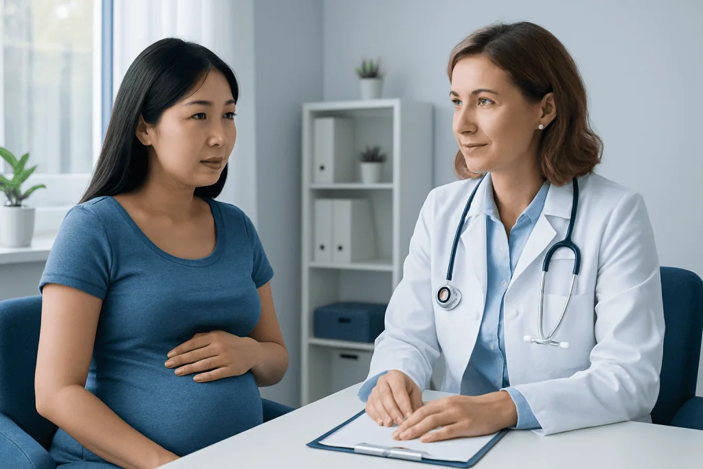 Pregnant woman consulting with a doctor in a medical office.