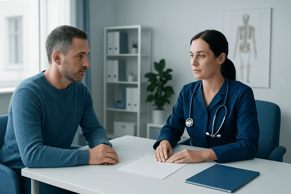 Doctor consulting with a patient in a modern medical office.