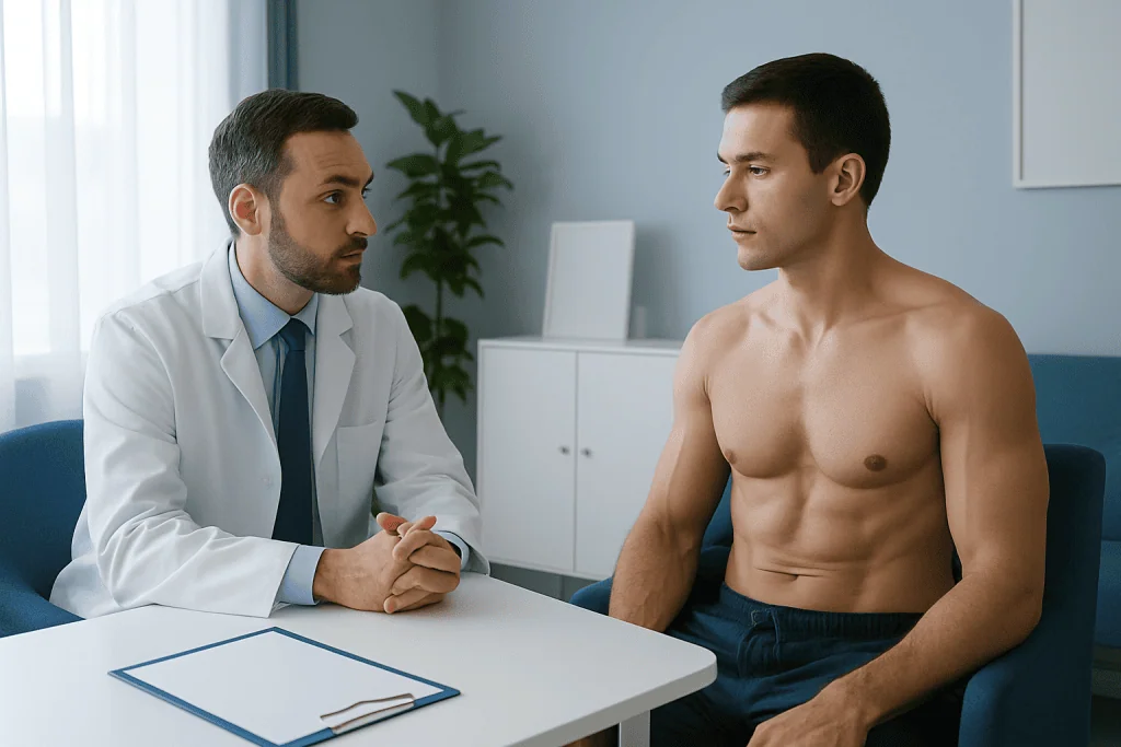 Doctor consulting with a young male patient in a medical office.