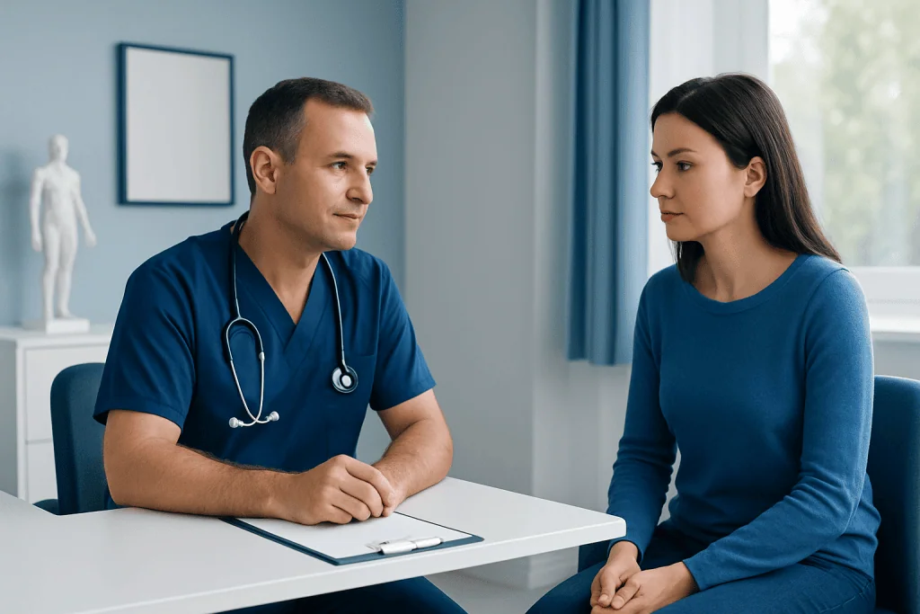 Doctor consulting with a female patient in a medical office in Turkey.