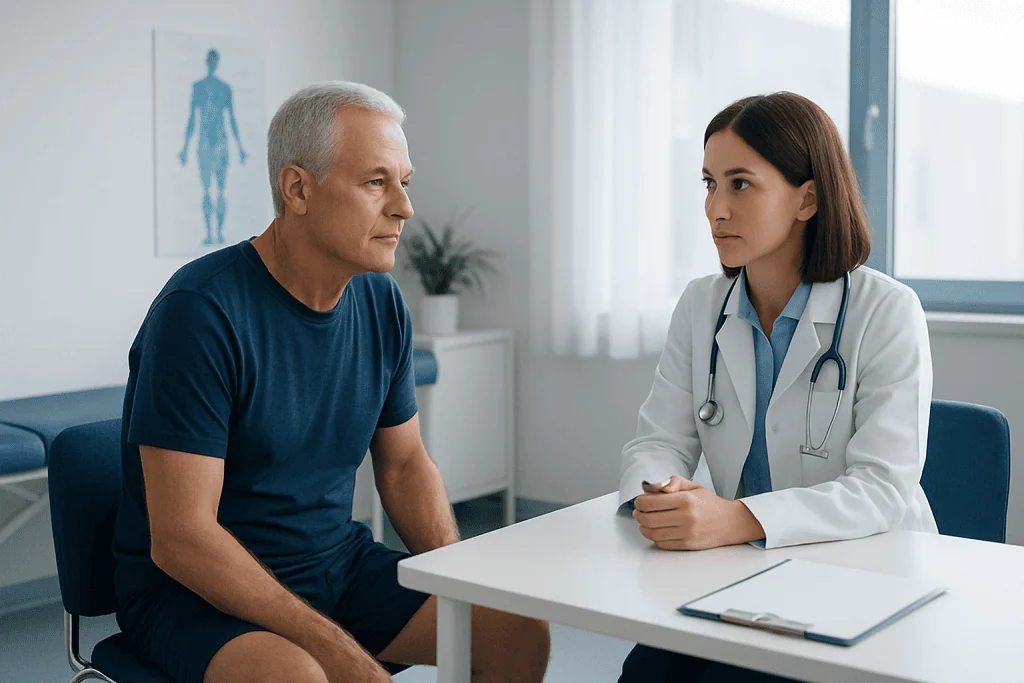 Doctor consulting with an elderly male patient in a medical office.