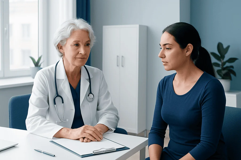Doctor consulting with a female patient in a medical office.