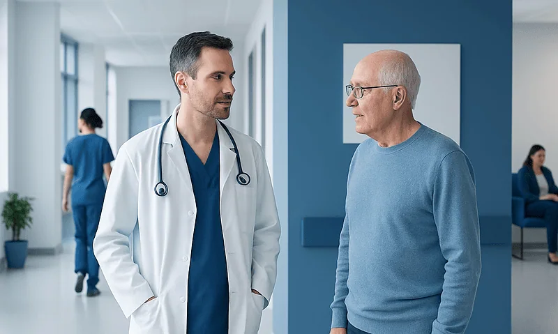 Doctor talking to an elderly patient in a hospital corridor.