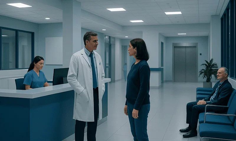 Doctor talking to patient in hospital reception area with waiting patients.