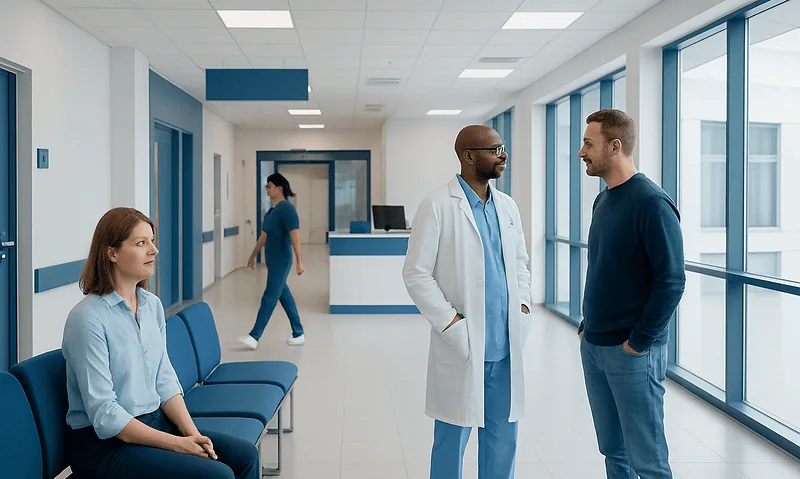 Medical professionals and patient in a hospital corridor at Acibadem Hospitals Group.