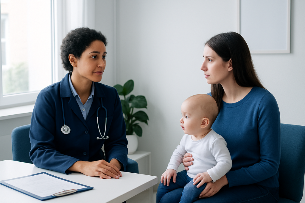 Pediatric consultation with a doctor, mother, and baby in a clinic setting.