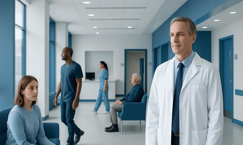 Doctor and patients in a hospital corridor with a child and elderly person.